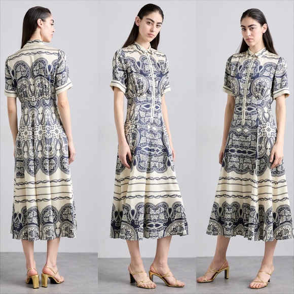 Sandro patterned paisley scarf print Marine beige midi dress NO OFFERS - Picture 2 of 11